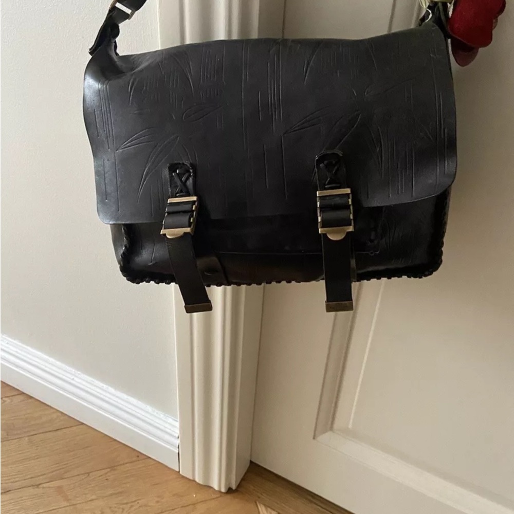 Valentino Garavani Embossed Black Leather Messenger Bag